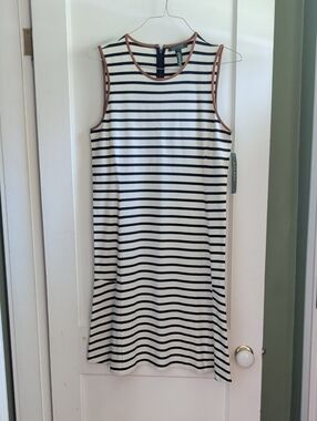 NWT Lauren Navy and White Striped Sleeveless Shift Dress w/ Tan Trim Size 16